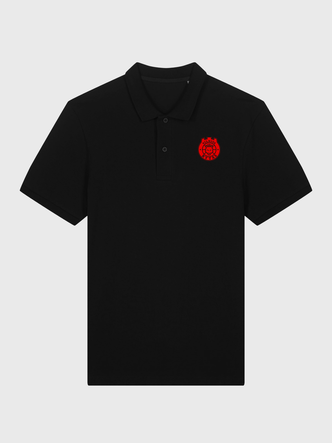 Polo marškinėliai su raudonu logotipu, juodi